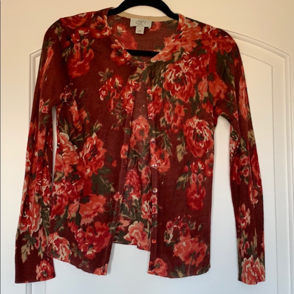 Ann Taylor Loft Burgundy and pink floral cardigan